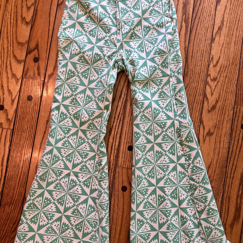 Free People Green & White Geometric Flare Pants